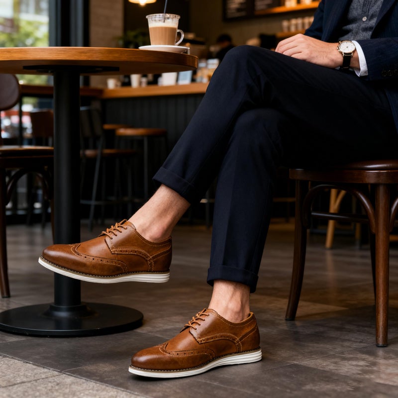 Vostey Men's Dress Shoes Leather Oxford Shoes Brown Dress Shoes for Men Wingtip Casual Dress Shoes(BMY629 Yellow Brown 12) - Image 2